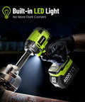 Cordless One Half Inch Impact Wrench With 800 N m Max Torque Brushless Motor 2800 RPM used on bolt at night with LED light