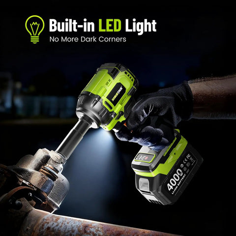 Cordless One Half Inch Impact Wrench With 800 N m Max Torque Brushless Motor 2800 RPM used on bolt at night with LED light