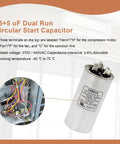 35+5 uF Dual Run Circular Start Capacitor for HVAC systems with labeled terminals and technical specifications.