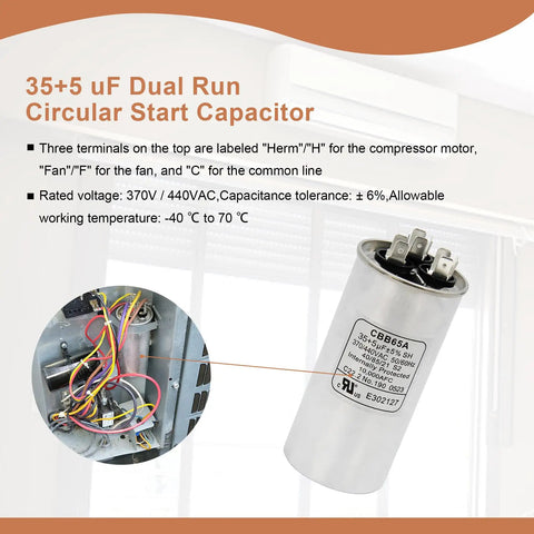 35+5 uF Dual Run Circular Start Capacitor for HVAC systems with labeled terminals and technical specifications.