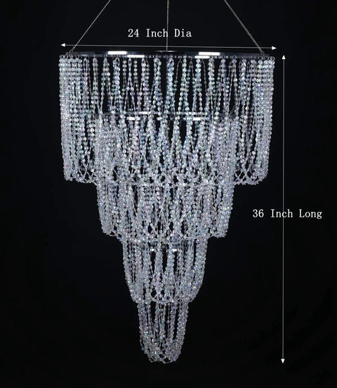 Four Tier Large Wedding Chandelier With Faux Crystal Iridescent Beaded Swag, 24 Inch Wide By 36 Inch Long shown on black background