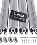 4 Pack 600mm Aluminum Extrusion T Slot Rails Silver Premium 6063-T5 Anodized Profiles with brackets and screws for DIY projects