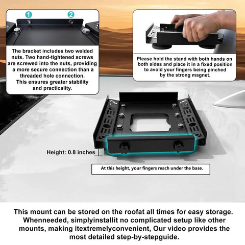 Out Of The Box Ready Magnetic Mount Kit For Mini Mount No Assembly Needed Weatherproof Stainless Bracket 560 Pound Heavy Duty Magnetic Base With Quick Release Safety System Designed For Vehicles And Boats, showing metal bracket with detailed dimensions and installation instructions.