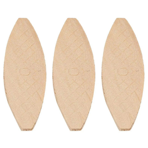 Solid Wood Joining Biscuits Set, 100 Pcs with 0 10 20 Size Options, Pro Grade Woodworking Dowels, close-up of three biscuits.