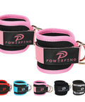 Heavy Duty Ankle Straps For Cable Machines Secure Fit Glute Kickback Cuffs leg gear with pink padding and steel rings.