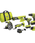 18 Volt One Plus Lithium Ion Six Tool Combo Kit with drill driver, impact driver, saws, multi tool, LED light, batteries, charger, and bag