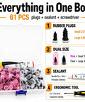 Heavy Duty Tubeless Tire Plug Kit With 61 Durable Rubber Repair Nails And Slick Tools for quick roadside fixes in clear case.