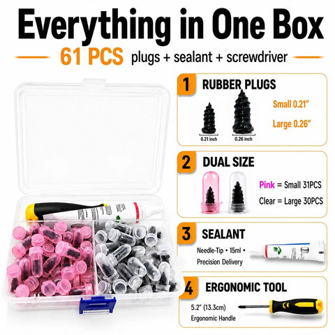 Heavy Duty Tubeless Tire Plug Kit With 61 Durable Rubber Repair Nails And Slick Tools for quick roadside fixes in clear case.