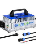 High Voltage 58 Point 4V 18Amp Lithium Ion Battery Charger For Golf Carts And Trolling Motors with silver and blue design.