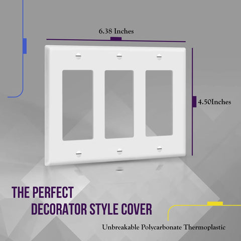 3-Gang Decorator Wall Plate For Light Switch And Receptacle, Gloss Finish, 4.50 By 6.38 Inches, White Polycarbonate Thermoplastic