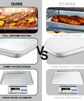 Comparison of heavy duty half sheet pans with rack set for baking and roasting, showing thick aluminum design versus thin, warp-prone pan.