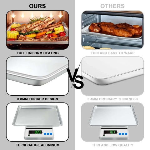 Comparison of heavy duty half sheet pans with rack set for baking and roasting, showing thick aluminum design versus thin, warp-prone pan.