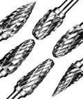 Heavy Duty Tungsten Carbide Burr Set For Die Grinder Bits Twenty Pieces One Eighth Inch Shank Double Cut Rotary Burrs For Metal Carving Wood Engraving And Polishing, showing close-up of six double-cut bits.