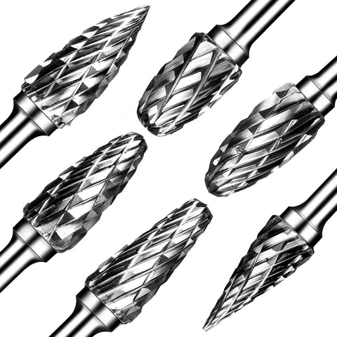 Heavy Duty Tungsten Carbide Burr Set For Die Grinder Bits Twenty Pieces One Eighth Inch Shank Double Cut Rotary Burrs For Metal Carving Wood Engraving And Polishing, showing close-up of six double-cut bits.