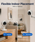 Indoor Home Security Camera With 3MP Clarity, Motion Detection, Color Night Vision, Dual Band 5G And 2.4G WiFi, Two Way Audio, Baby Monitor, Pet Camera, Plug In, SD Or Cloud Storage For Easy Setup shown on tabletop and wall mount