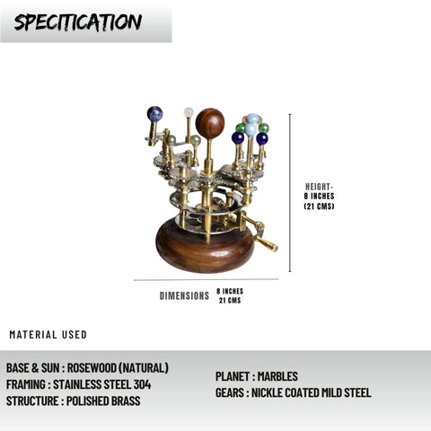 Antique Brass Orrery Desk Model, Handcrafted Vintage Gear System With Planetary Orbits From Mercury To Moon, 8 Inch Diameter