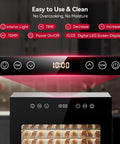 Compact Food Dehydrator Machine With Eight Stainless Steel Trays And Six Hundred Fifty Watt Motor Adjustable Up To One Hundred Sixty Seven Degrees Fahrenheit Plus Forty Eight Hour Timer digital LED display and control panel.