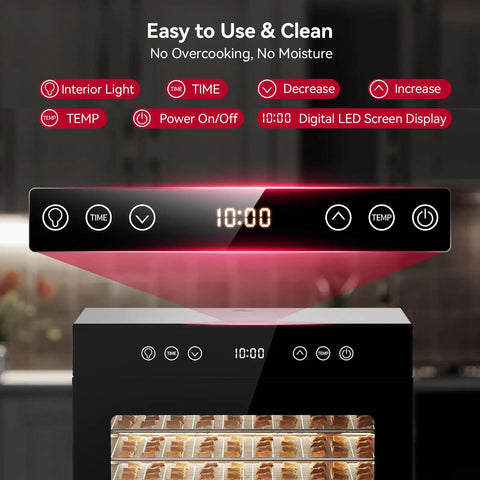 Compact Food Dehydrator Machine With Eight Stainless Steel Trays And Six Hundred Fifty Watt Motor Adjustable Up To One Hundred Sixty Seven Degrees Fahrenheit Plus Forty Eight Hour Timer digital LED display and control panel.