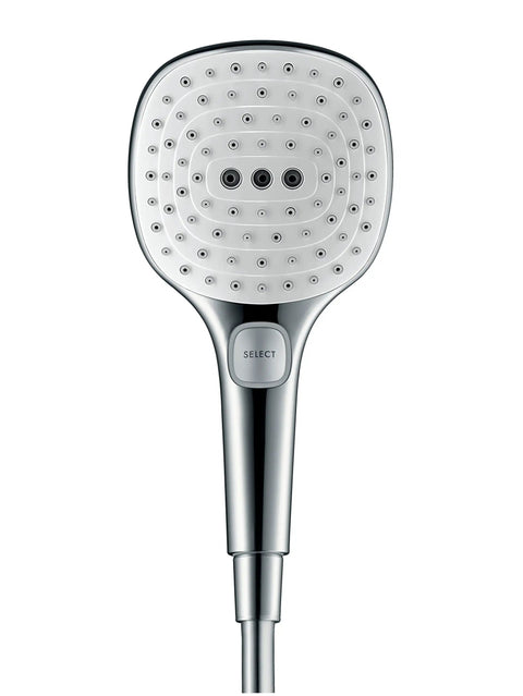 Raindance Select E120 Low Flow Hand Shower With 2.0 GPM And Three Spray Modes Rain Massage Calm Soak Chrome Finish For A Lux Spa Vibe Shower Experience, front view.
