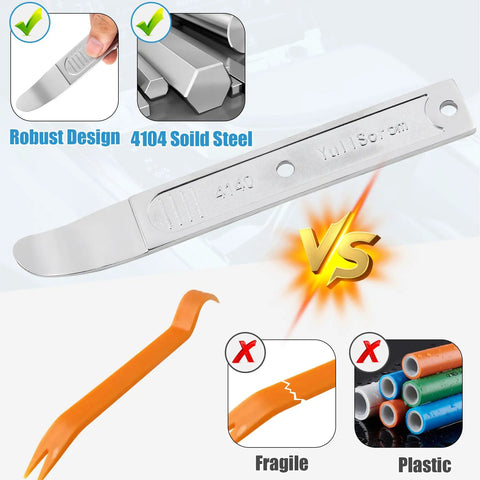 Heavy Duty Pry Bar Trim Removal Tool Set for Auto Interiors and Exterior Panels, 4140 steel, chrome plated, comparison to plastic tools