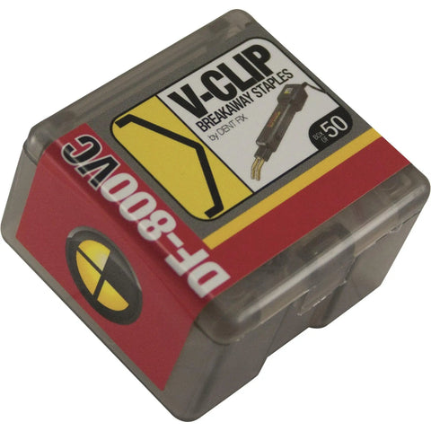 Packaging of DTF V Clip Hot Staples DF-800VC/50 Black Finish for Projects, including 50 high-heat staples for car maintenance and repair.