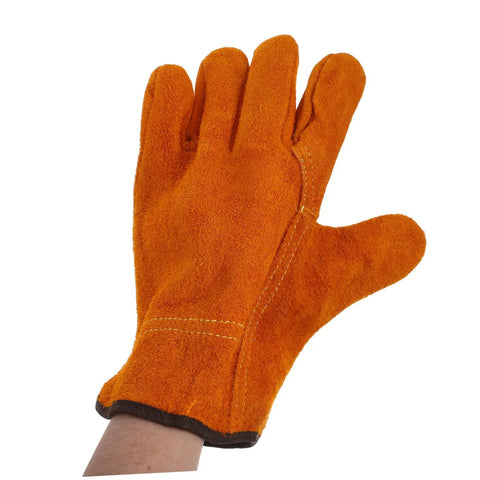 Rock Solid Full Leather Welding Gloves For Men And Women Electric Safety Gear With Daily Heavy Duty Grip Thick Palm Padding Premium Heat Resistant Shield, orange leather glove shown.