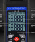 Close-up of Dual Channel K And J Type Thermocouple Thermometer display with labels for HVAC pros use, showing various functions.
