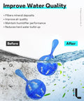 Before and after image of blue Humidifier Cleaner 12 Pack Demineralization Cleaning Balls purifying water to prevent buildup.