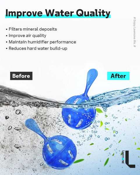 Before and after image of blue Humidifier Cleaner 12 Pack Demineralization Cleaning Balls purifying water to prevent buildup.
