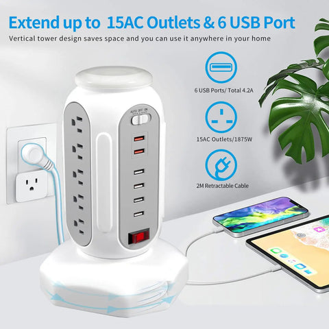 15 Outlet Surge Protector Tower With 6 USB Ports, USB Fast Charger, Colorful LED Light, Desktop Charging Station in use