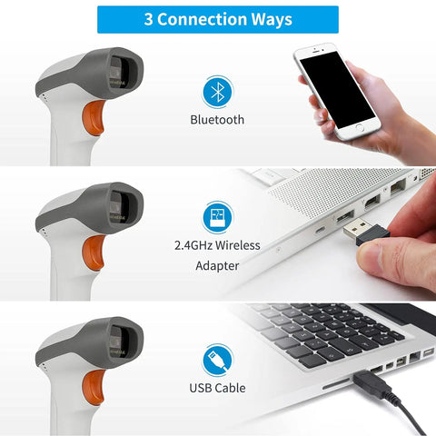 3 In 1 Wireless Barcode And QR Code Scanner For Inventory Be A Real Workhorse With 2000mAh Battery showing Bluetooth, 2.4G, USB connections