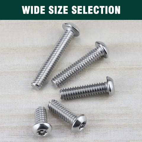 No Sweat 1/4-20 X 3/4 Inch Button Head Torx Security Screws 304 Stainless Steel Anti Strip Hardware Pack With Tt27 Bit displayed on wood.