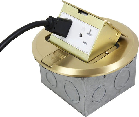 Round Pop Up Floor Box Kit with 6 Inch Cover, 20A Tamper Weather Resistant Outlet showing plugged-in cord