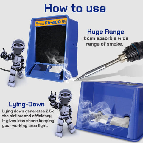 Portable Soldering Fume Extractor Anti ESD Smoke Absorber with blue housing and smoke illustration