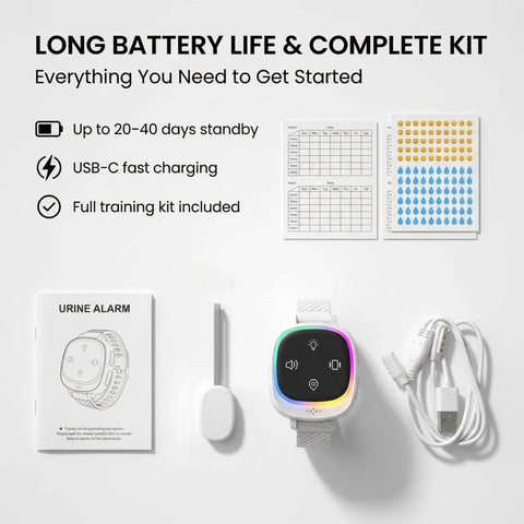 Wireless Bedwetting Alarm Wearable Enuresis Tracker For Kids Teens And Adults, Smart Night Alarm With Three Alert Modes Sound Vibration And Light, Anti Loss Tracking, 20 Day Standby, Keeps Your Nighttime Routine On Track, USB-C charger and training kit