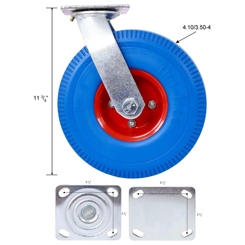 No More Flat Tire Headaches Hey Heavy Duty 10 Inch Flat Free Caster Set 2 Swivel 2 Rigid with blue rubber wheels and steel hub.