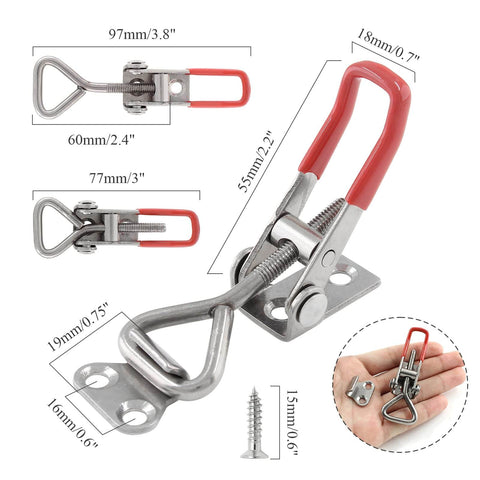 Beefy Heavy Duty Adjustable Toggle Latch Clamp 4001 Style Made From 304 Stainless Steel Quick Release Hasp Clamp With 390 Lbs Holding Capacity For Smoker Lid Jig Box Case Includes Screws with dimensions labeled.