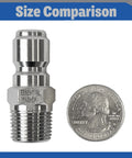 Front view of stainless steel 3/8 in NPT male plug for pressure washer quick-connect fittings; quarter for scale.