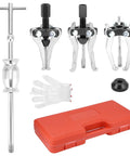 QWORK 3-Jaw gear bearing puller set with slide hammer, gloves, adapters, and red carrying case