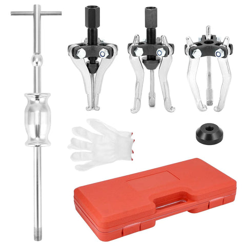 QWORK 3-Jaw gear bearing puller set with slide hammer, gloves, adapters, and red carrying case