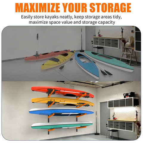 Wall Mounted Kayak Storage Rack For Indoor Outdoor Spaces Boasts Heavy Duty Steel Construction With Powder Coated Finish That Holds Two Watercraft Without Breaking A Sweat, showcasing kayaks neatly stored on wall rack.
