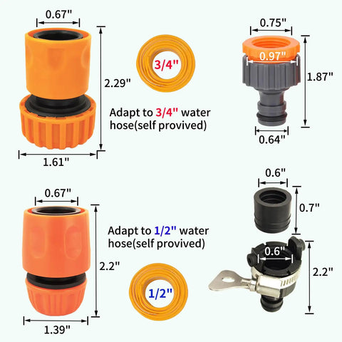 Garden Hose Quick Connect Fittings 1/2 Inch And 3/4 Inch Quick Release Connector Kit with Universal Tap Adapter sizes labeled