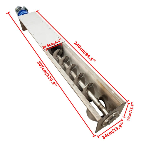 Rock Solid 304 Stainless Steel U Trough Auger Screw Conveyor Featuring A 9 Inch Helical Blade Driven By A Heavy Duty 220V 3 Phase 3KW Motor for smooth bulk transfer.