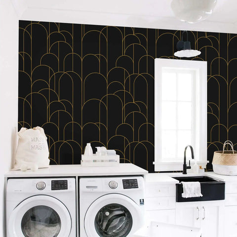 Laundry room with black geometric wallpaper, Dope Black Geometric Peel And Stick Wallpaper Self Adhesive Removable Matte For Easy Home Decor