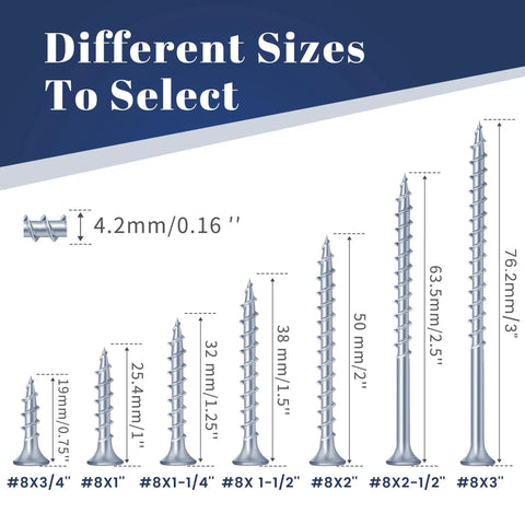 Different sizes of Zinc Plated Size 8 By 3/4 Inch Self Tapping Drywall Screws displayed for selection, showing length and dimensions.