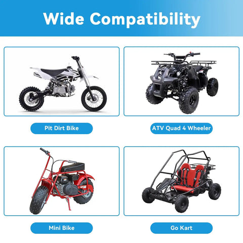 Compatibility chart for the One Point One Inch Motorcycle Slip On Muffler Universal 28mm Exhaust Silencer showing dirt bike, ATV, mini bike, go-kart.