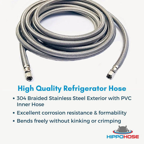 Universal Icemaker Hose 20 Ft For All Refrigerator Brands, Stainless Steel Water Supply Line shown coiled with quarter inch fittings