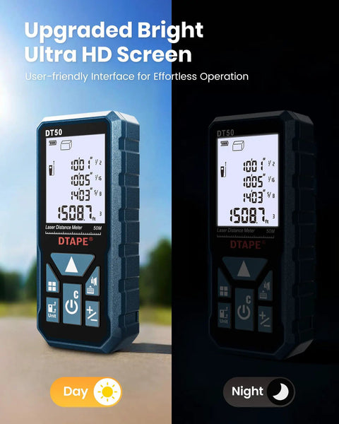 High Accuracy Digital Laser Distance Meter With 165 Feet Range showing day and night backlit LCD display