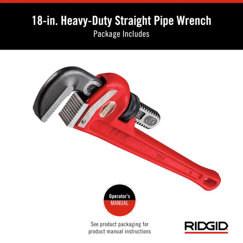 Heavy-Duty 18-Inch Straight Pipe Wrench with I-Beam Handle, Self-Cleaning Threads, Floating Hook Jaw, Replaceable Jaws