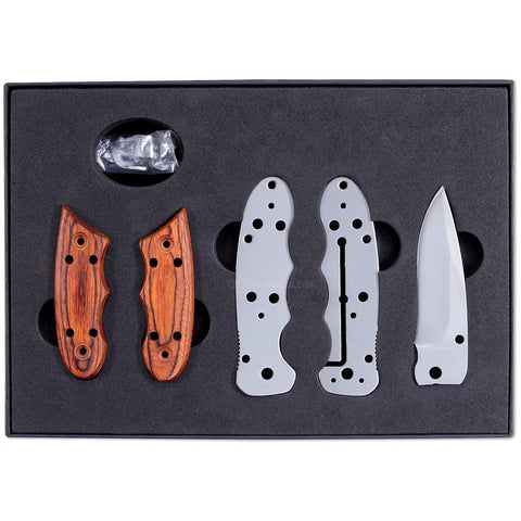Framelock Folding Knife Kit FLX25 With Cocobolo Dymondwood Handles, DIY Parts Kit, 440C Stainless Steel Blade components displayed